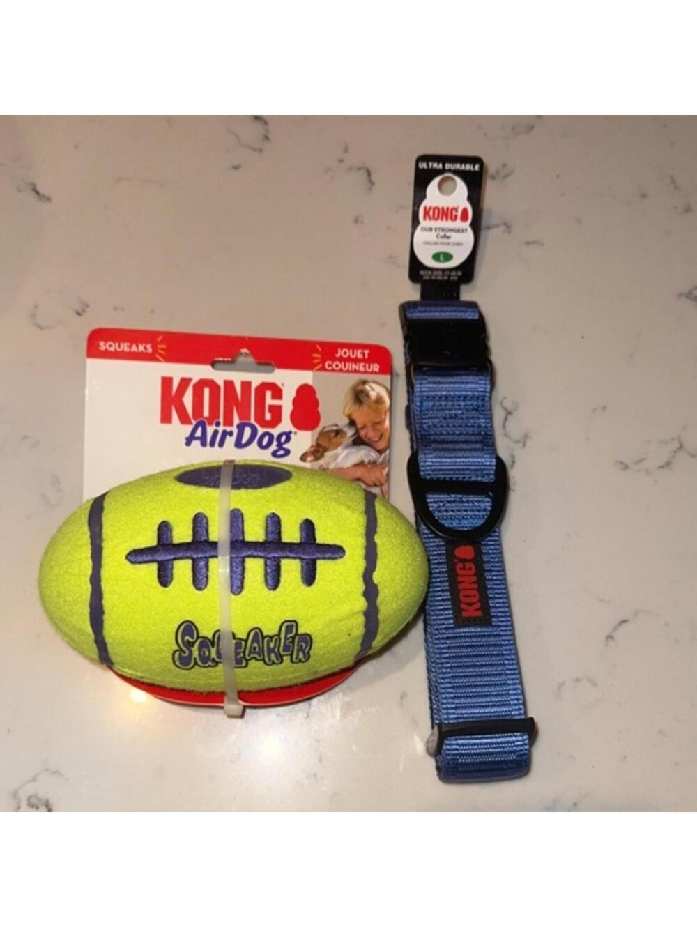 KONG Blue Dog Collar Size Large and KONG AirDog Squeaker Football Toy Bundle